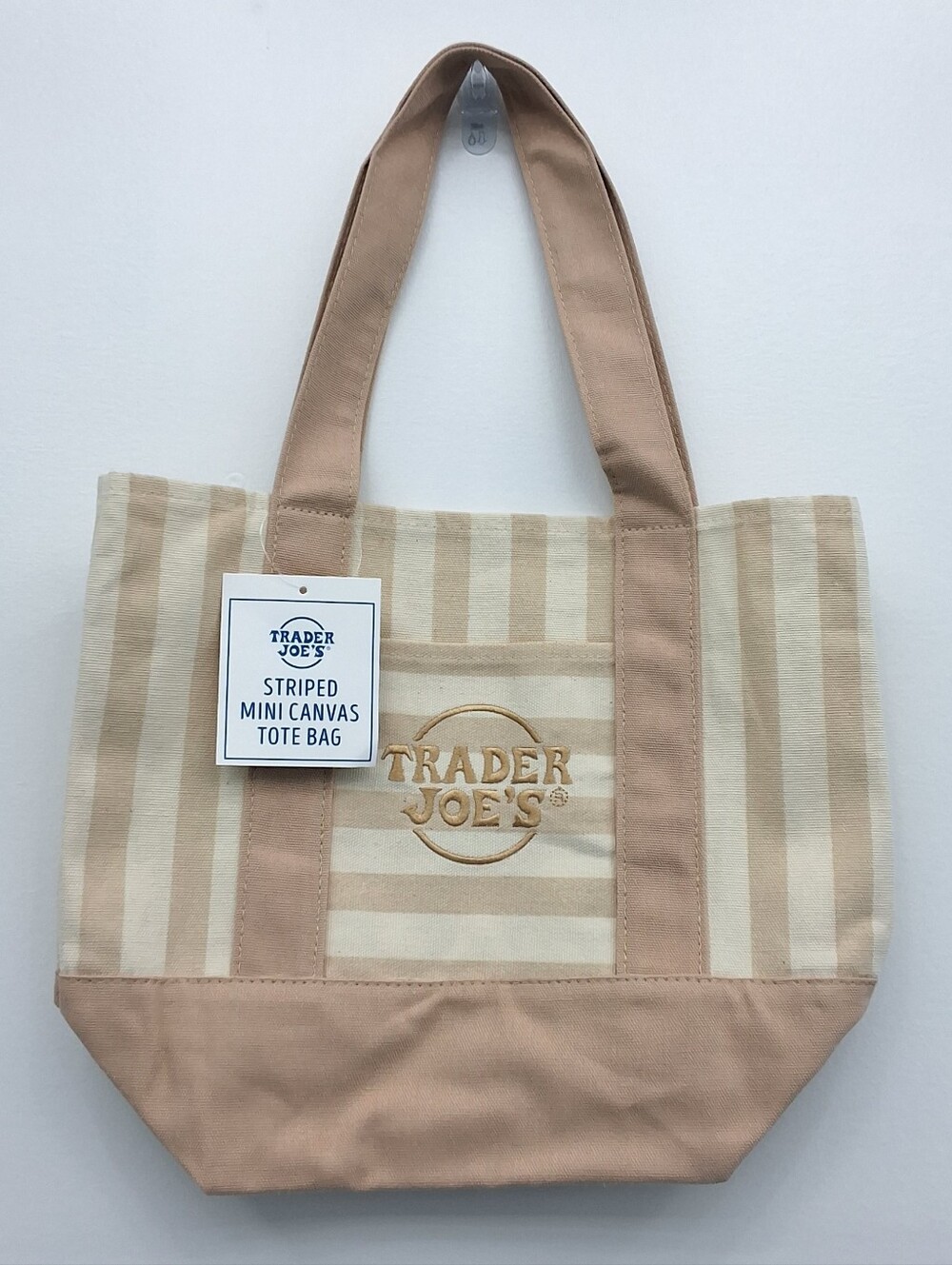Trader Joe's Beige Striped Mini Canvas Tote Bag W/ Exterior Pocket, New With Tag